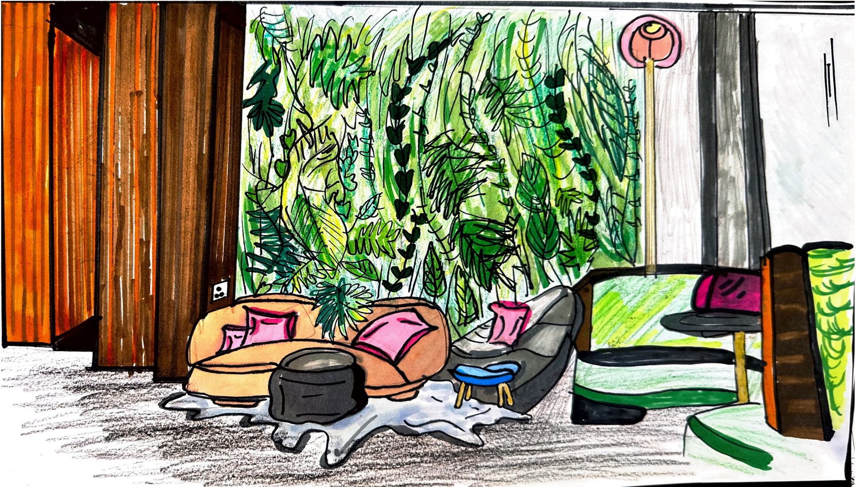 Interior Design Sketch - Living Room with Green Wall