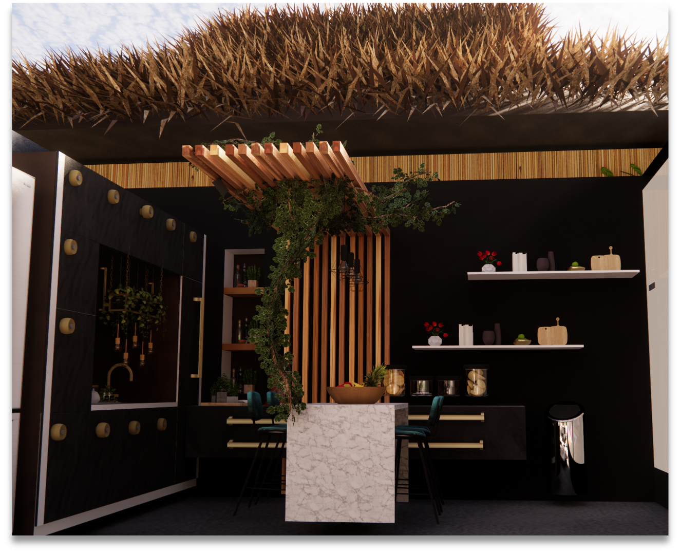 Contemporary kitchen and dining area with natural materials